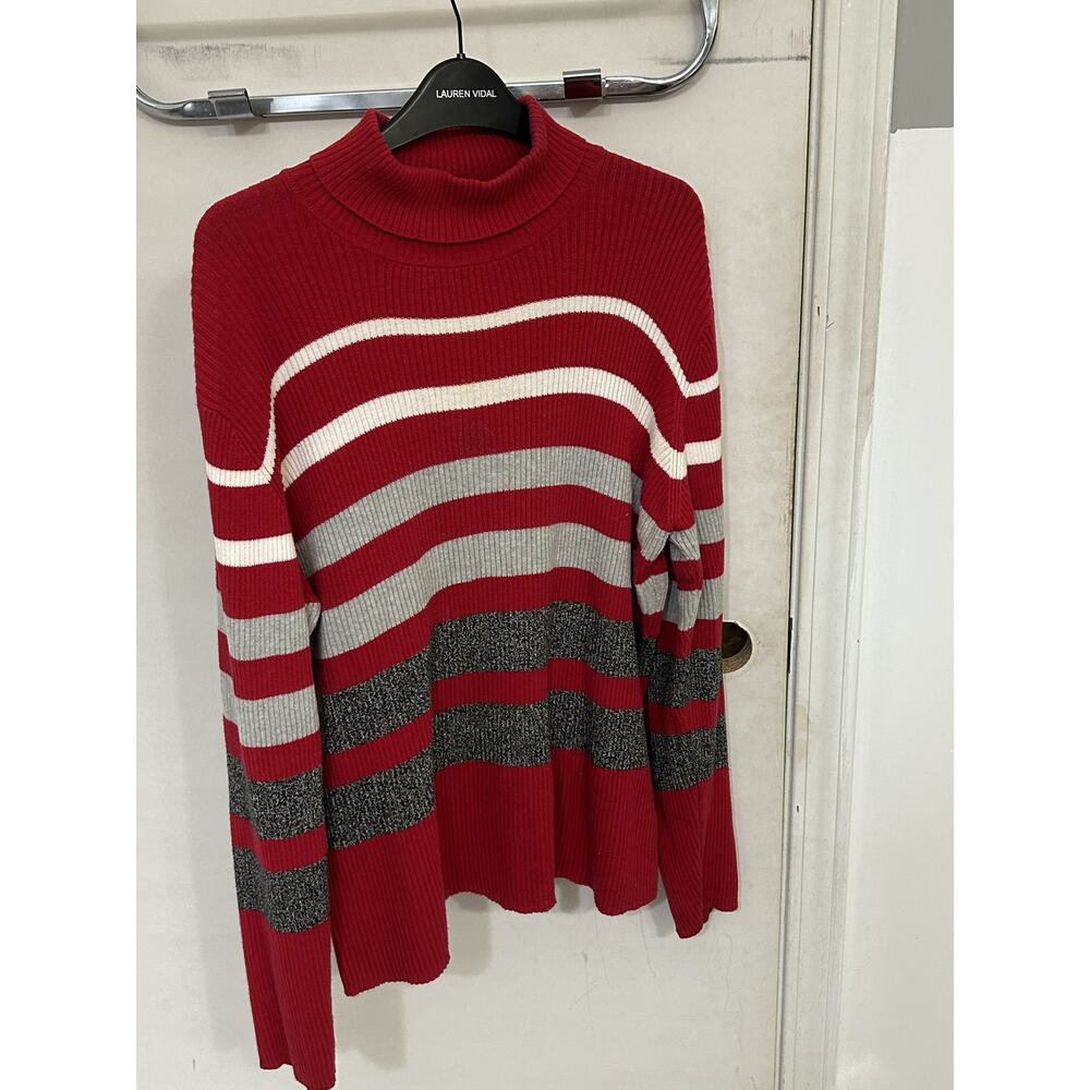 Vintage Liz Claiborne Red White Grey Striped Turtleneck size XL